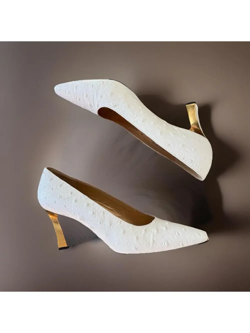 Stuart Weitzman White Textured Leather Pumps with Gold Toe Caps